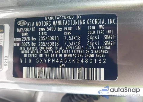 2019 Kia Sorento 3.3L Ex from USA, damaged, VIN 5XYPH4A5XKG480182